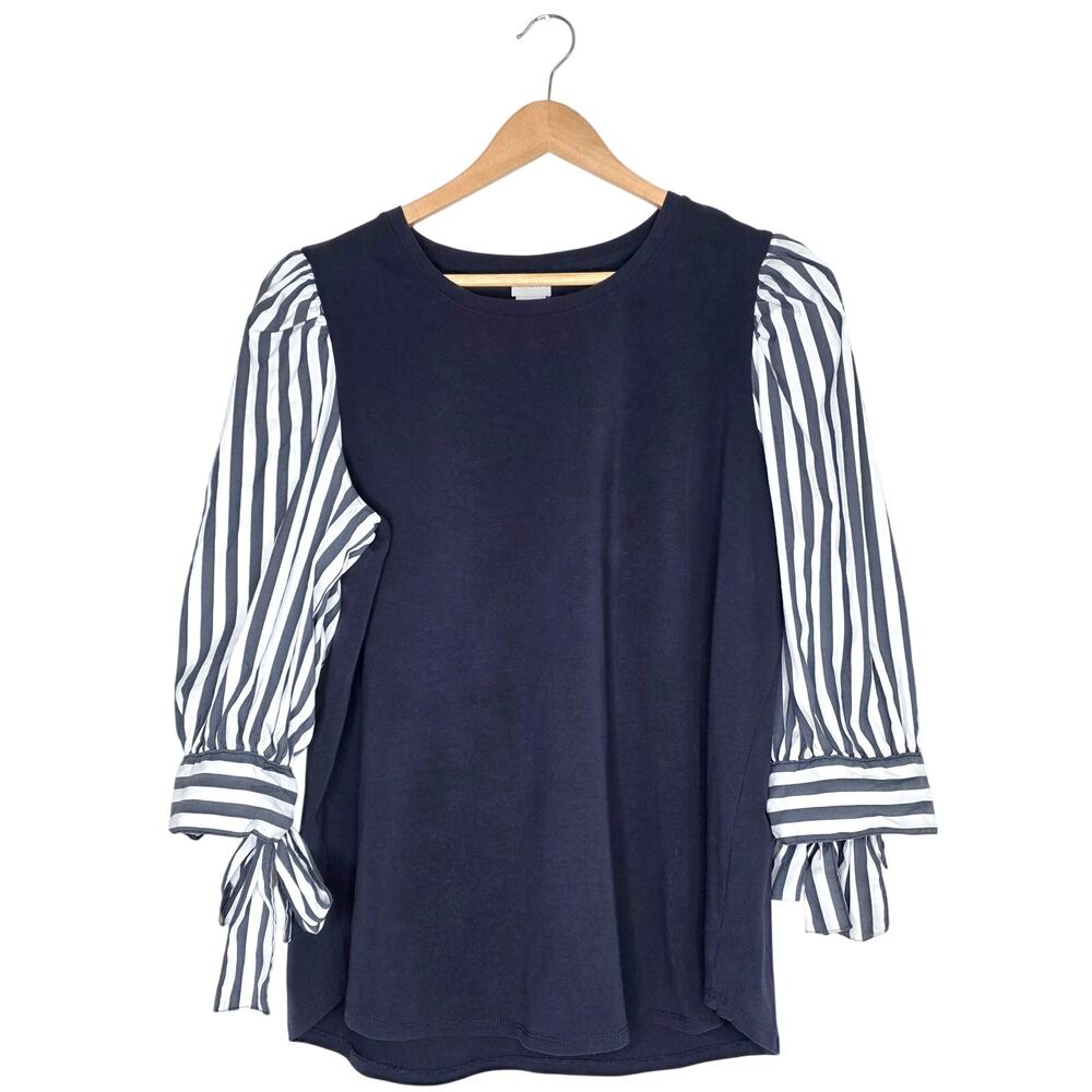 Chico’s Size 2 Navy Blue Striped Puff Sleeve Tie Cuff Top Blouse Cotton Stretch